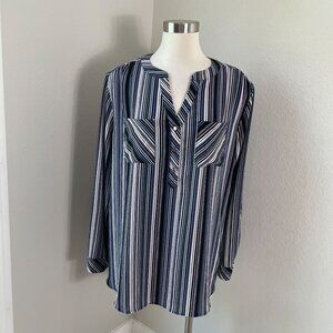 Roz & Ali Womens Plus 2X Striped Roll Tab Sleeve Blouse Pockets Top Shirt